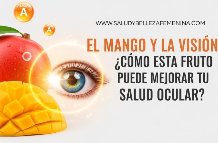 Mango cortado junto a ilustración de ojo humano, destacando sus beneficios para la visión