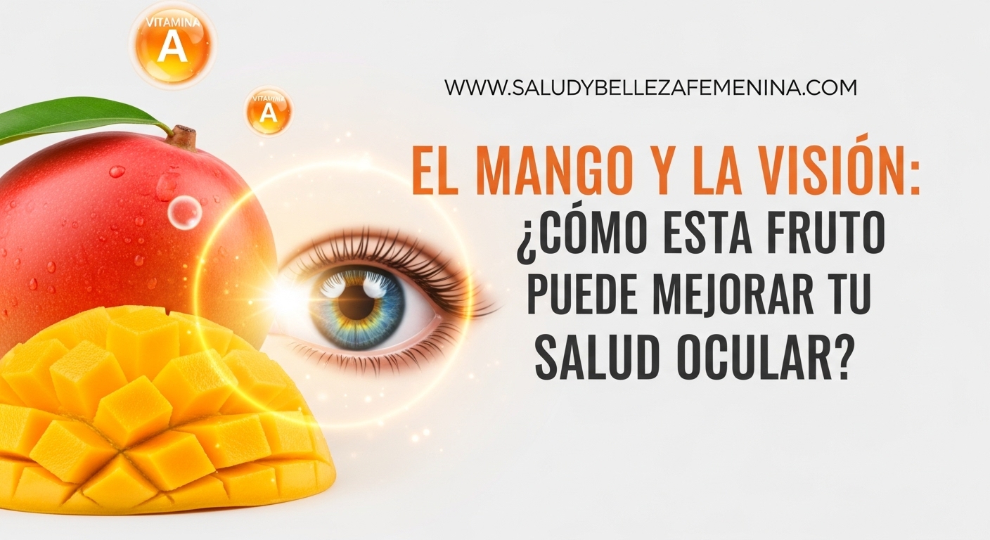 Mango cortado junto a ilustración de ojo humano, destacando sus beneficios para la visión