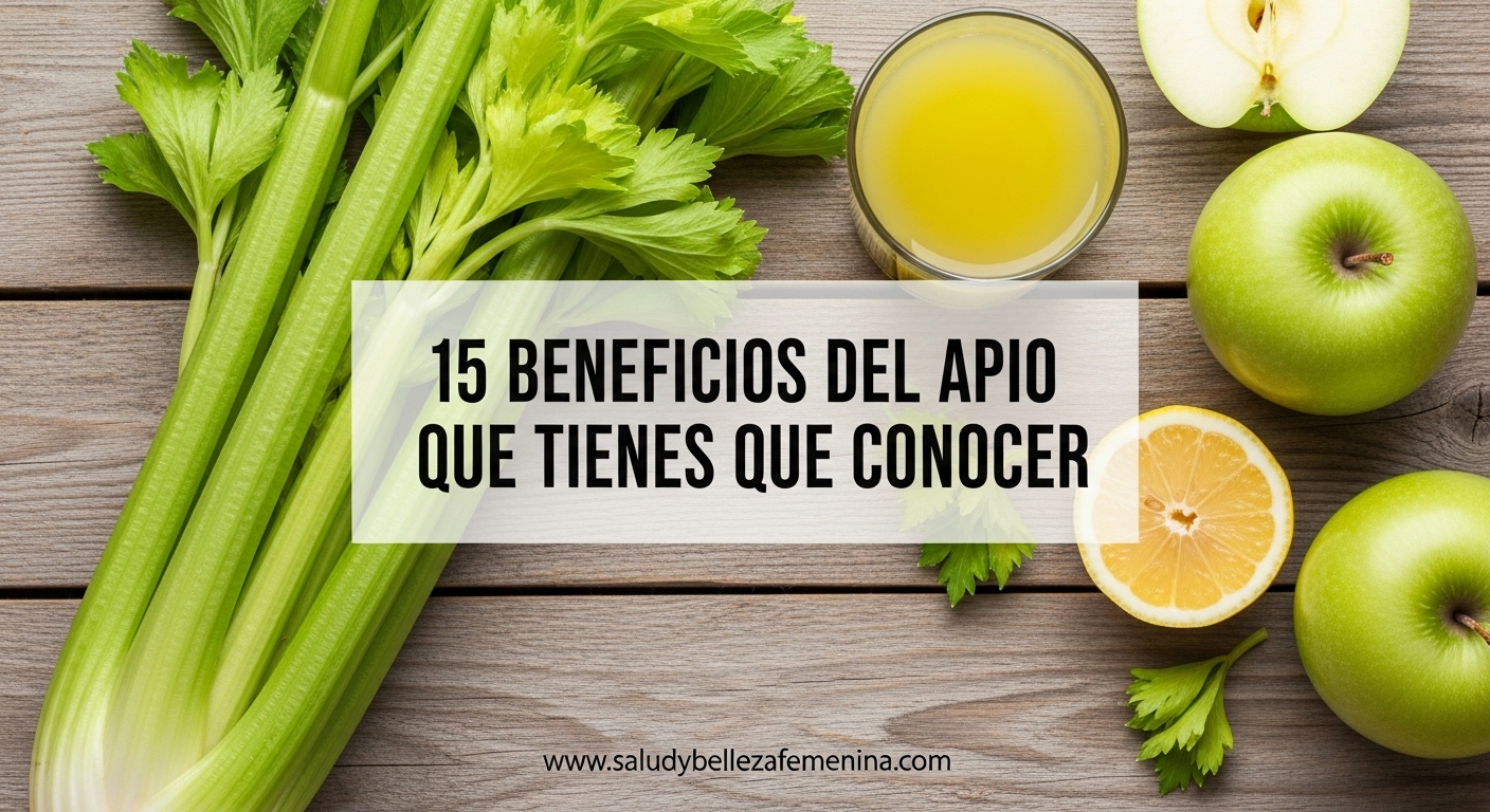 Apio fresco con jugo natural y frutas en fondo claro