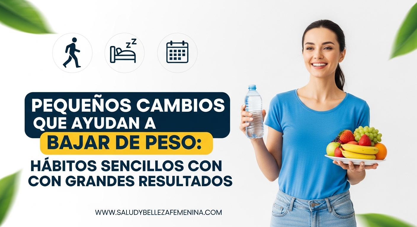 Mujer sonriente con agua y frutas mostrando hábitos para bajar de peso