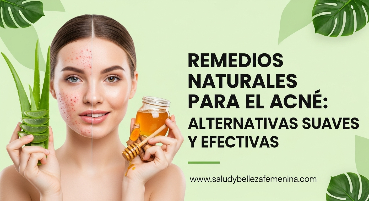 Mujer mostrando antes y después del acné con ingredientes naturales