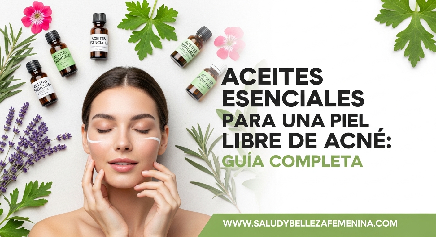 Mujer con piel limpia rodeada de aceites esenciales naturales contra el acné