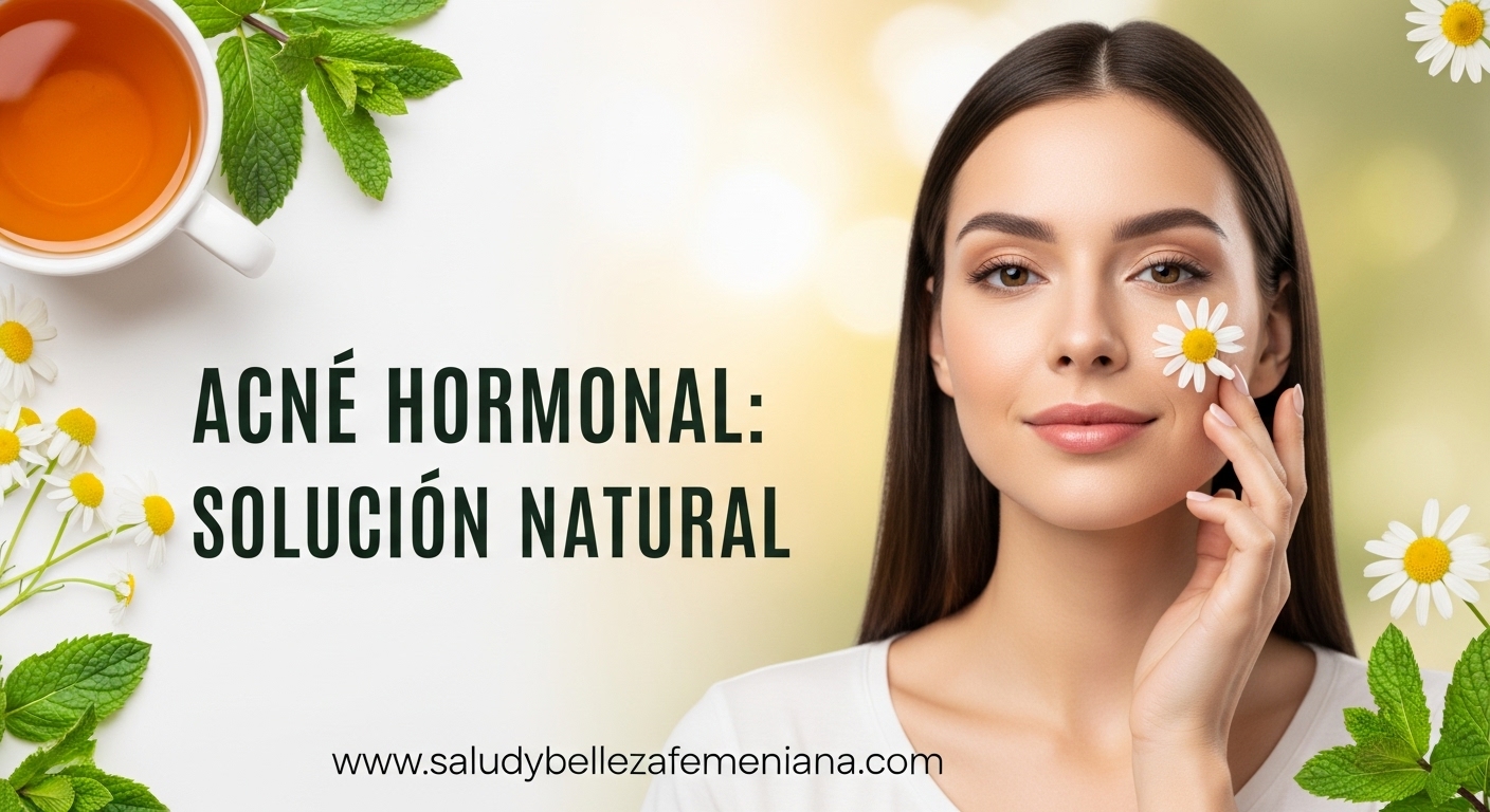 Mujer con piel equilibrada rodeada de hierbas naturales para tratar acné hormonal