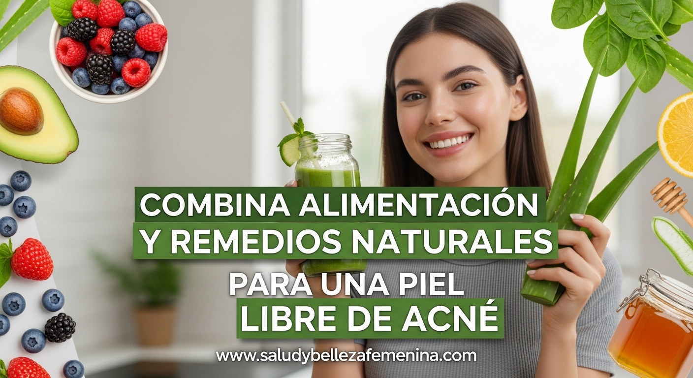 Mujer con piel radiante sosteniendo un batido verde y aloe vera