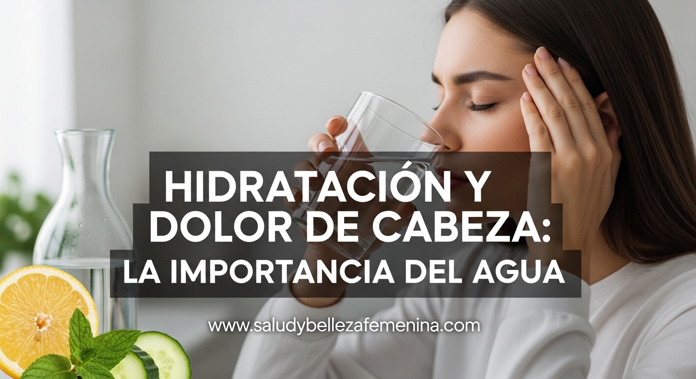 Mujer aliviando dolor de cabeza mientras bebe agua con limón
