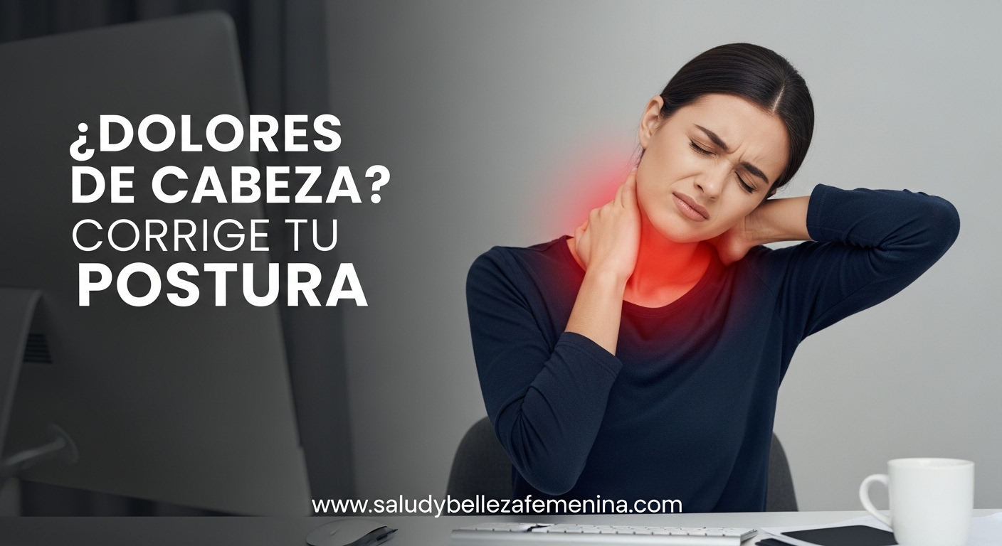 Mujer con mala postura y dolor de cabeza frente a computadora