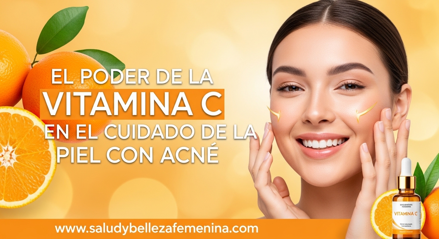 Mujer con piel radiante gracias a la vitamina C, con naranjas frescas y sérum