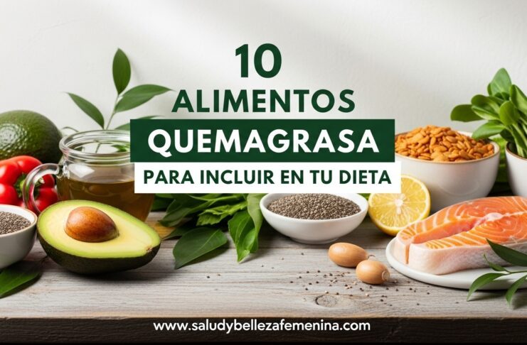 Plato con alimentos quemagrasa naturales como aguacate, té verde y salmón para perder peso