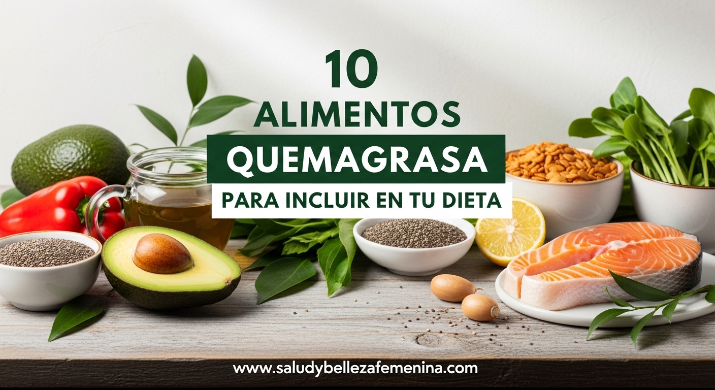 Plato con alimentos quemagrasa naturales como aguacate, té verde y salmón para perder peso