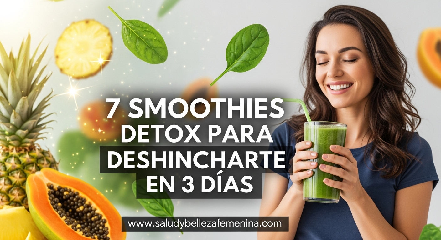 Mujer sonriendo con smoothie verde, texto "7 Smoothies Detox para Deshincharte en 3 Días