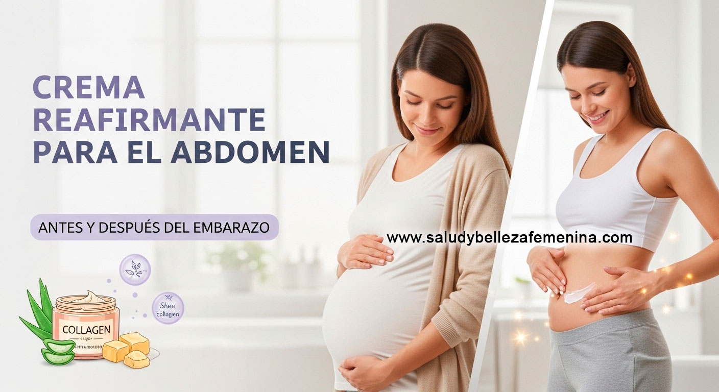 Crema reafirmante para abdomen antes y después del embarazo con mujer aplicando producto