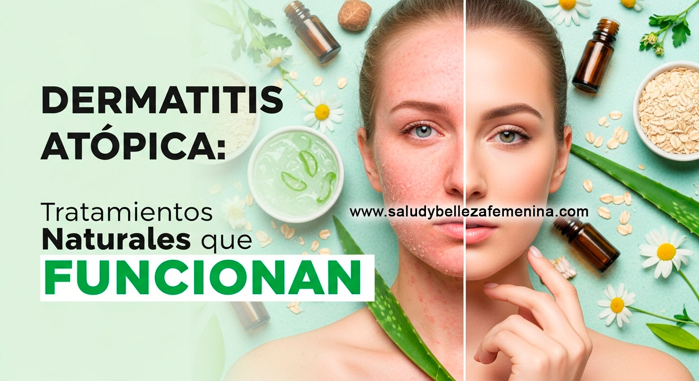 Tratamientos naturales para dermatitis atópica con ingredientes como aloe vera, avena y manzanilla sobre piel saludable