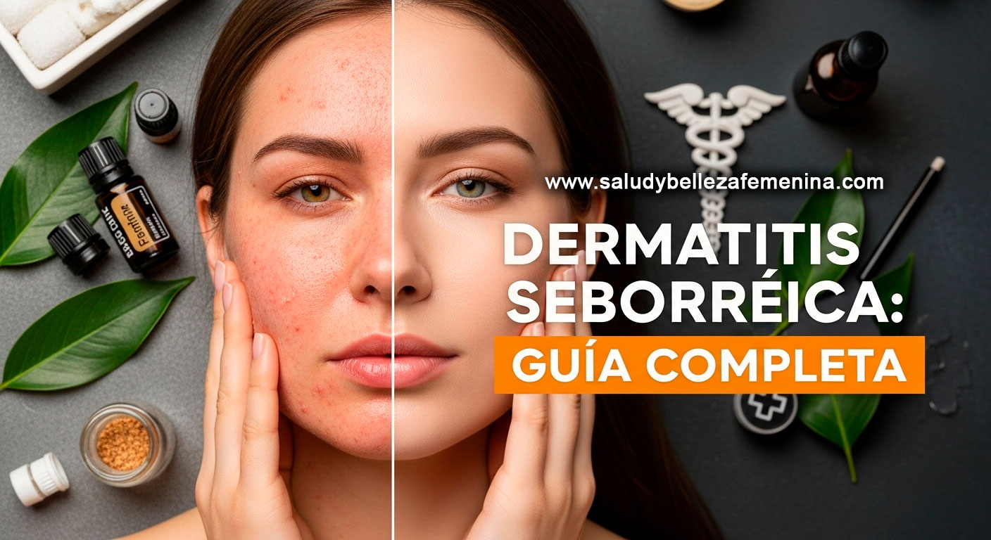 Mujer mostrando transformación de dermatitis seborreica a piel saludable con elementos naturales y médicos