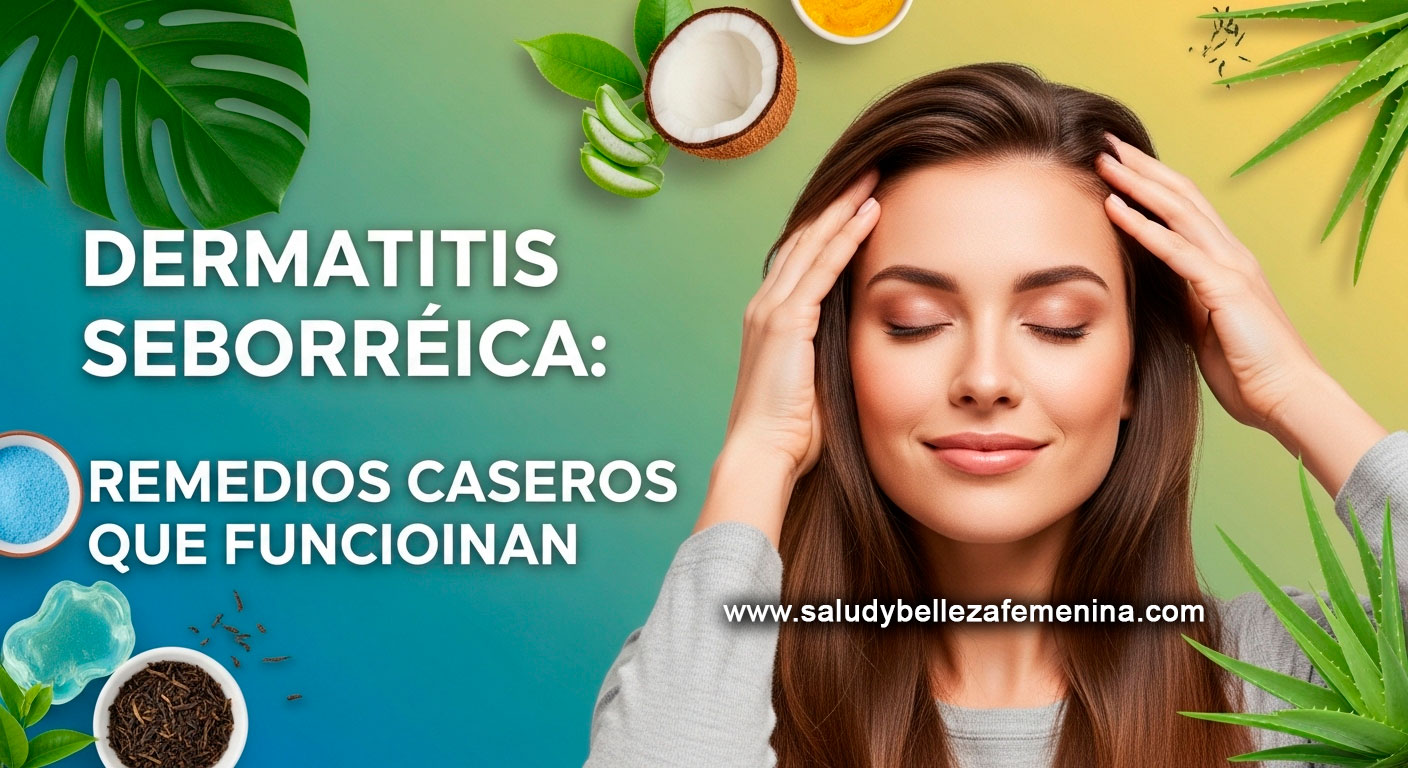 Mujer sonriente tocando su cabello saludable con remedios naturales para dermatitis seborreica en el fondo