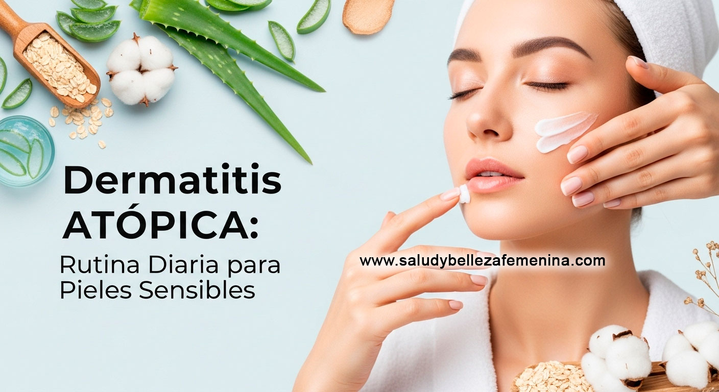Rutina diaria para piel atópica con productos naturales y manos aplicando crema hidratante