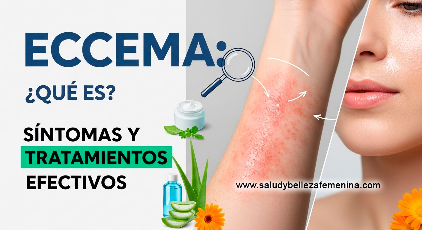 Primer plano de piel con eccema enrojecida y reseca junto a piel sana, con elementos naturales como aloe vera, flores de caléndula y una crema hidratante, representando tratamientos efectivos.