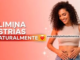 Mujer feliz tocando su piel suave del abdomen con texto sobre eliminar estrías naturalmente
