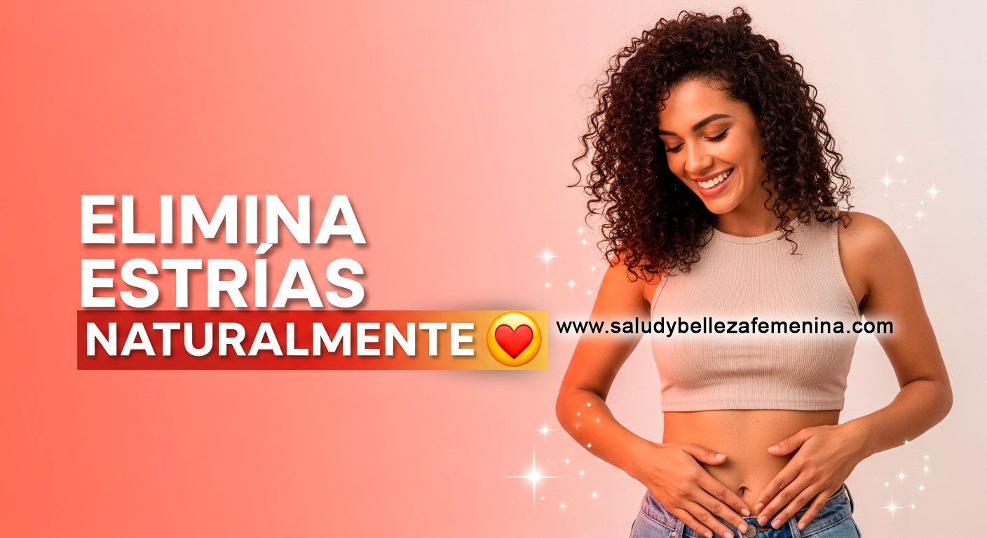 Mujer feliz tocando su piel suave del abdomen con texto sobre eliminar estrías naturalmente