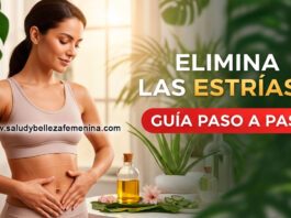 Mujer hispana confiada tocando su abdomen con texto sobre eliminar estrías naturalmente, rodeada de elementos de spa y tratamientos naturales