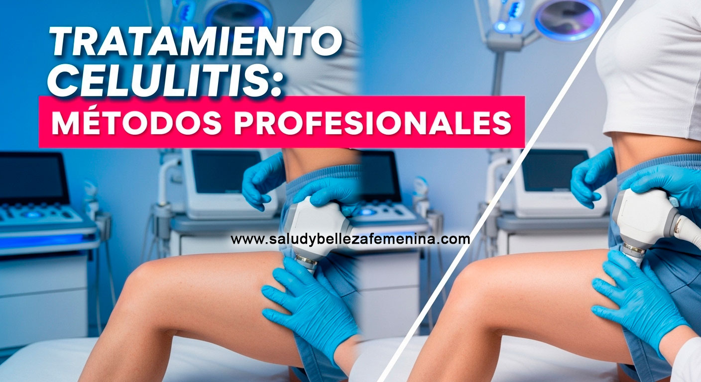 Mujer sonriente en clínica estética mostrando tratamiento profesional para celulitis con equipos médicos modernos
