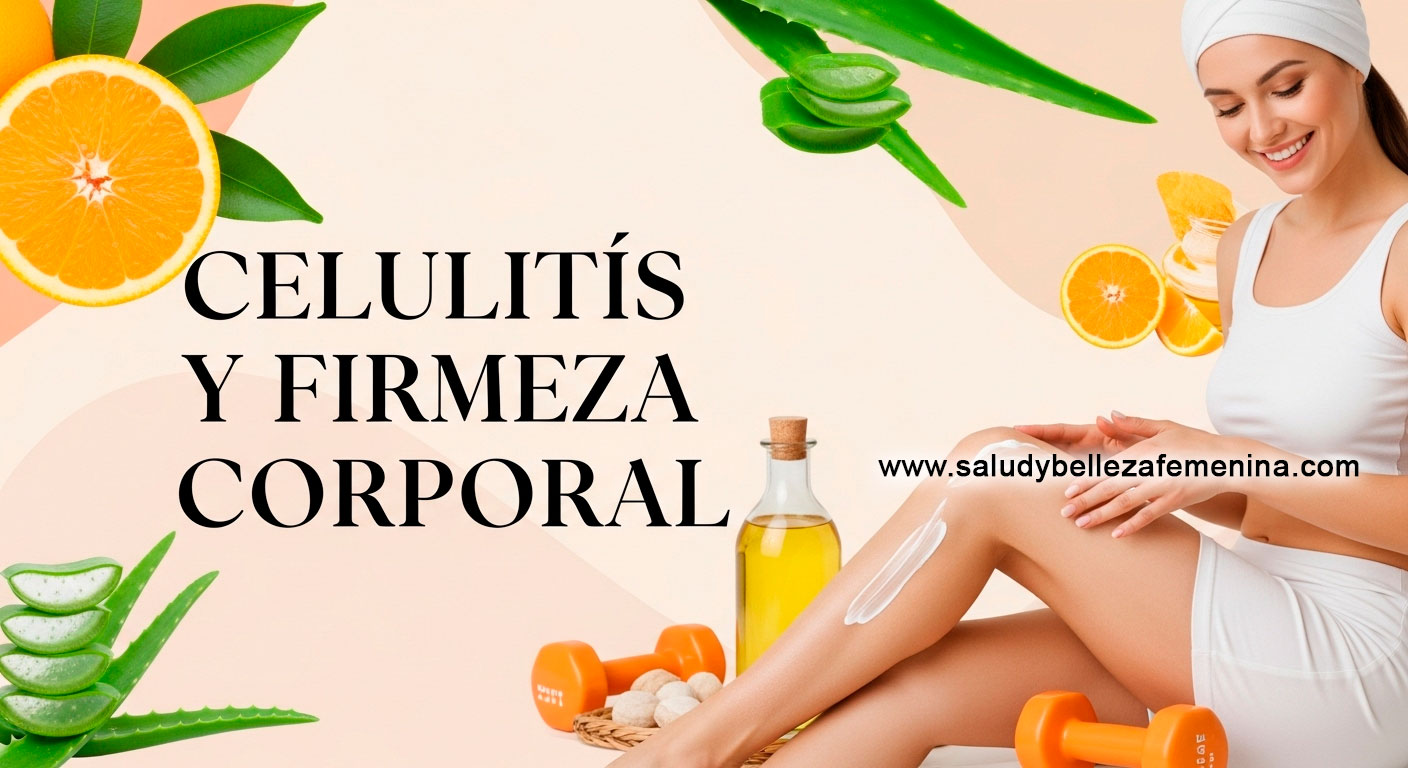 Mujer aplicando crema reafirmante en sus piernas con elementos naturales como aloe vera y frutas cítricas.