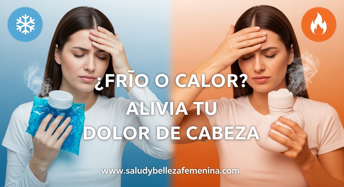 Mujer aliviando el dolor de cabeza con compresas frías y calientes